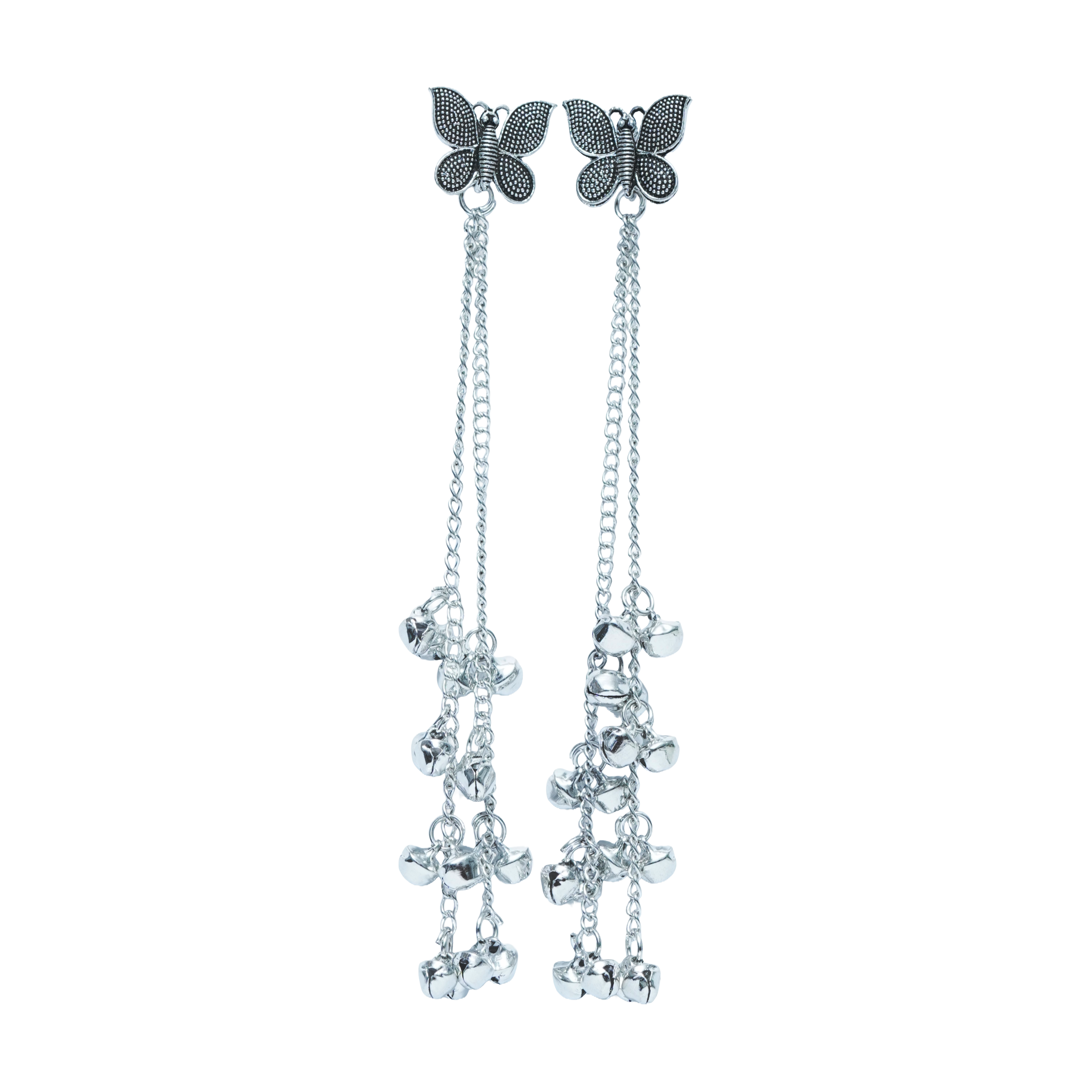 Fluttering Elegance: The Silver Butterfly Ghungroo Drop Earrings