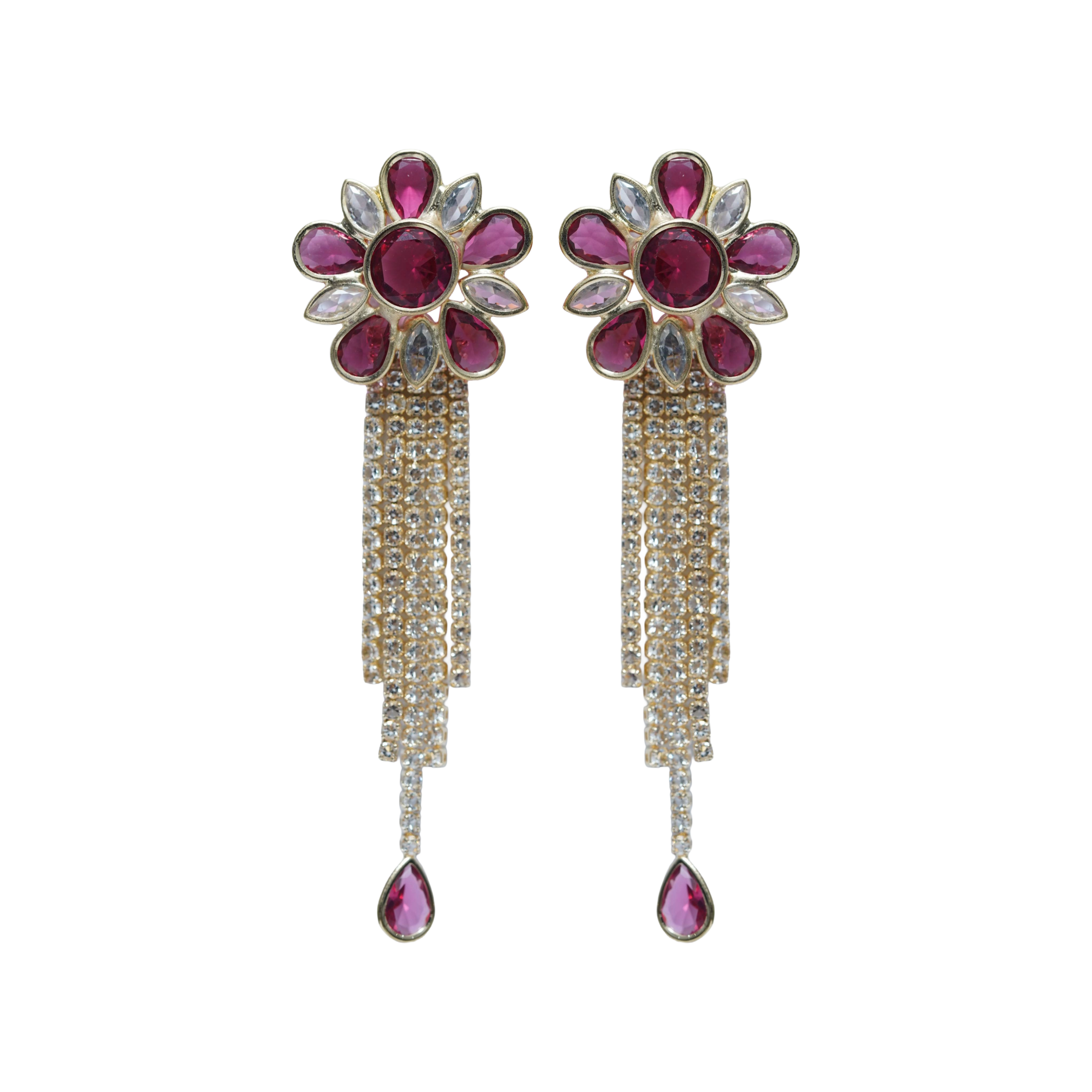 Ruby Floral Crystal Tassel Earrings