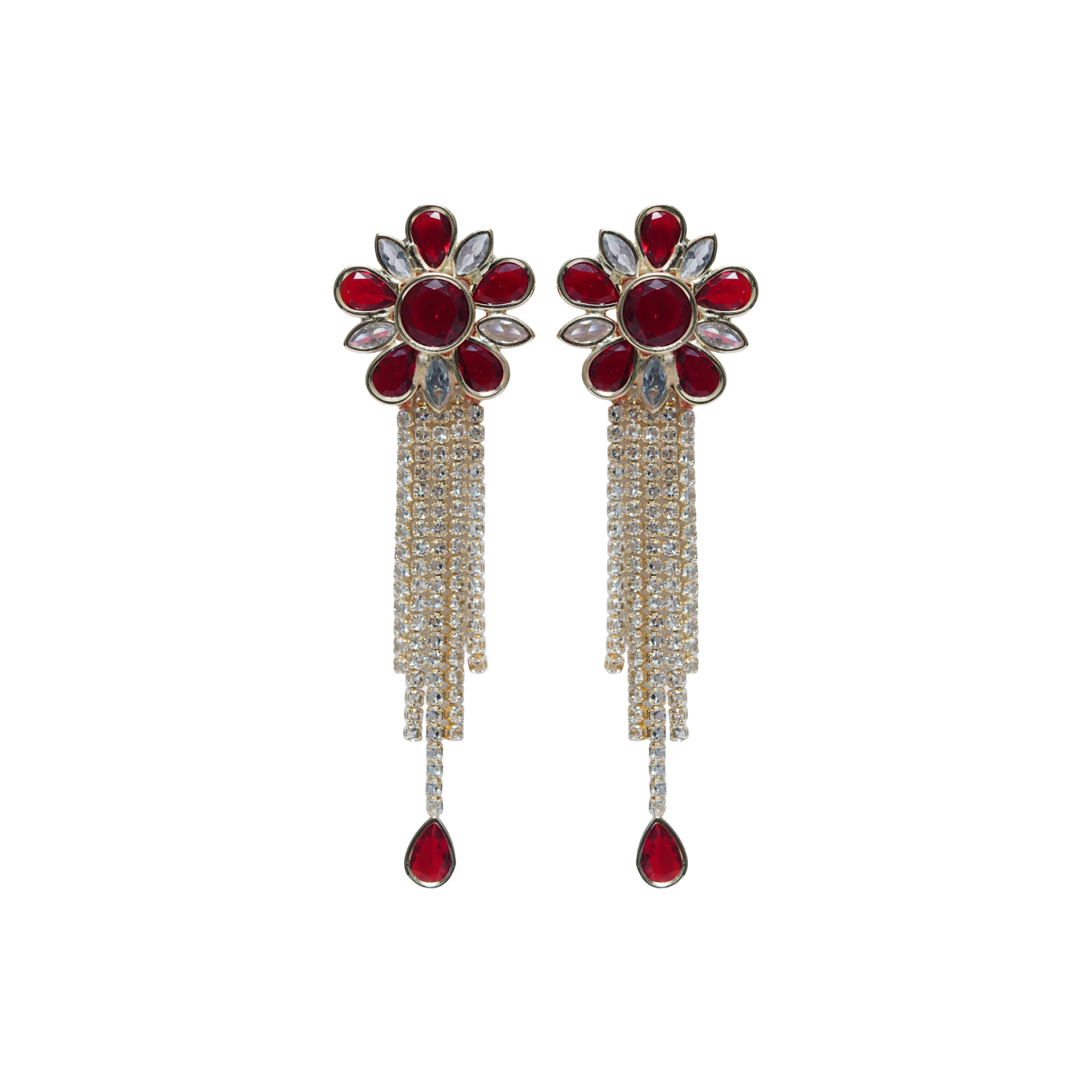 Ruby Floral Crystal Tassel Earrings