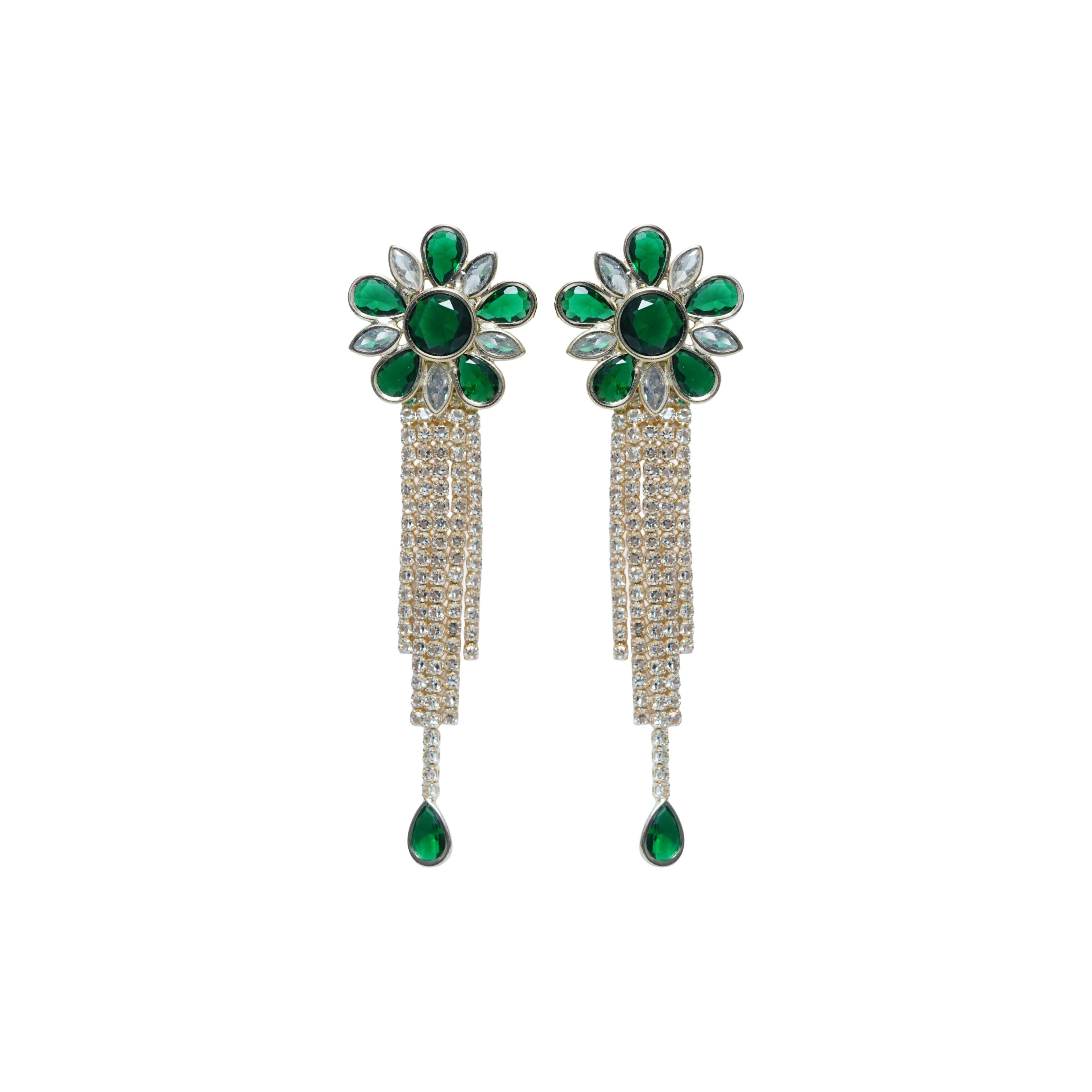 Ruby Floral Crystal Tassel Earrings