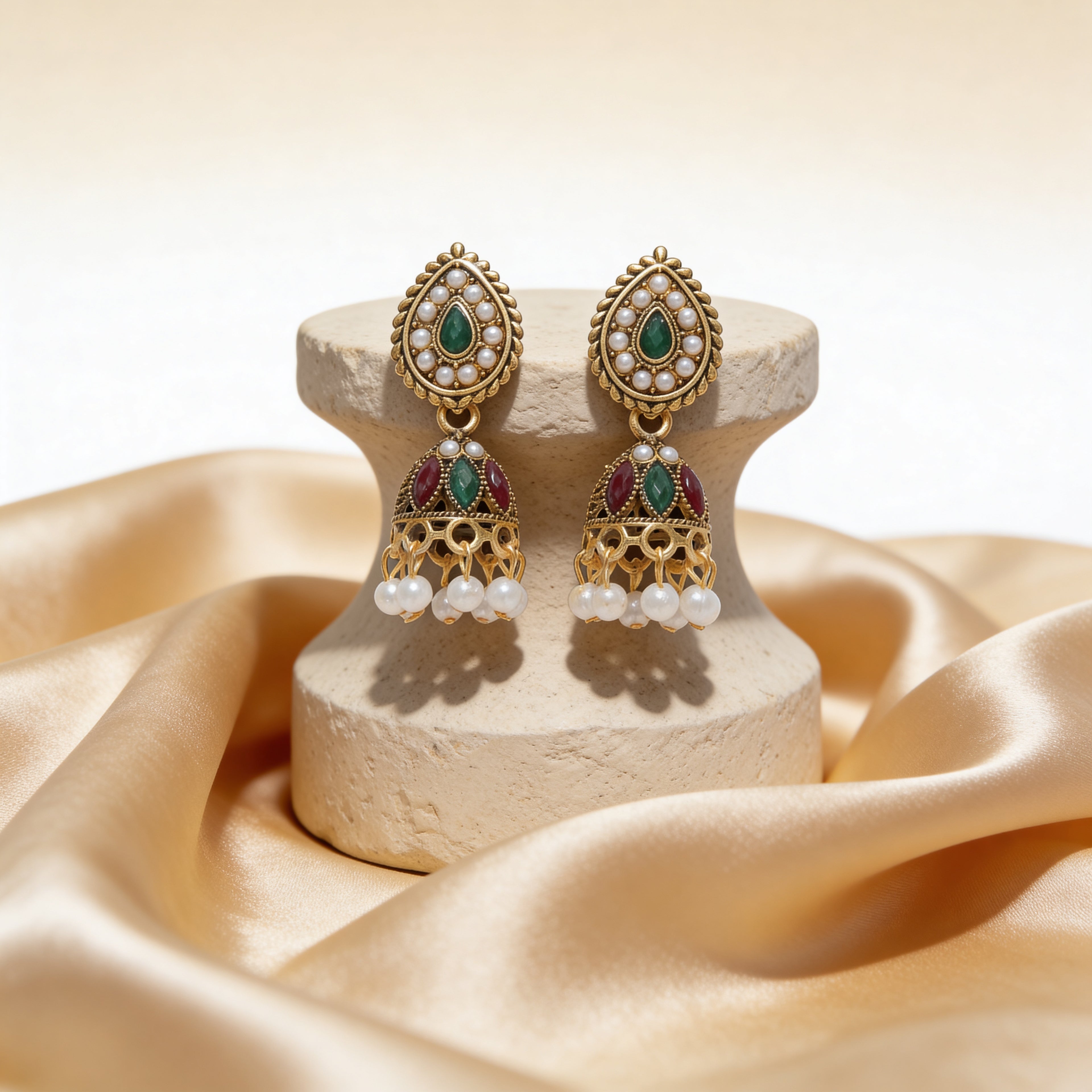 Antique Gold Temple Jhumka Earrings with Pearl Drops | Traditional Ethnic Jewelry