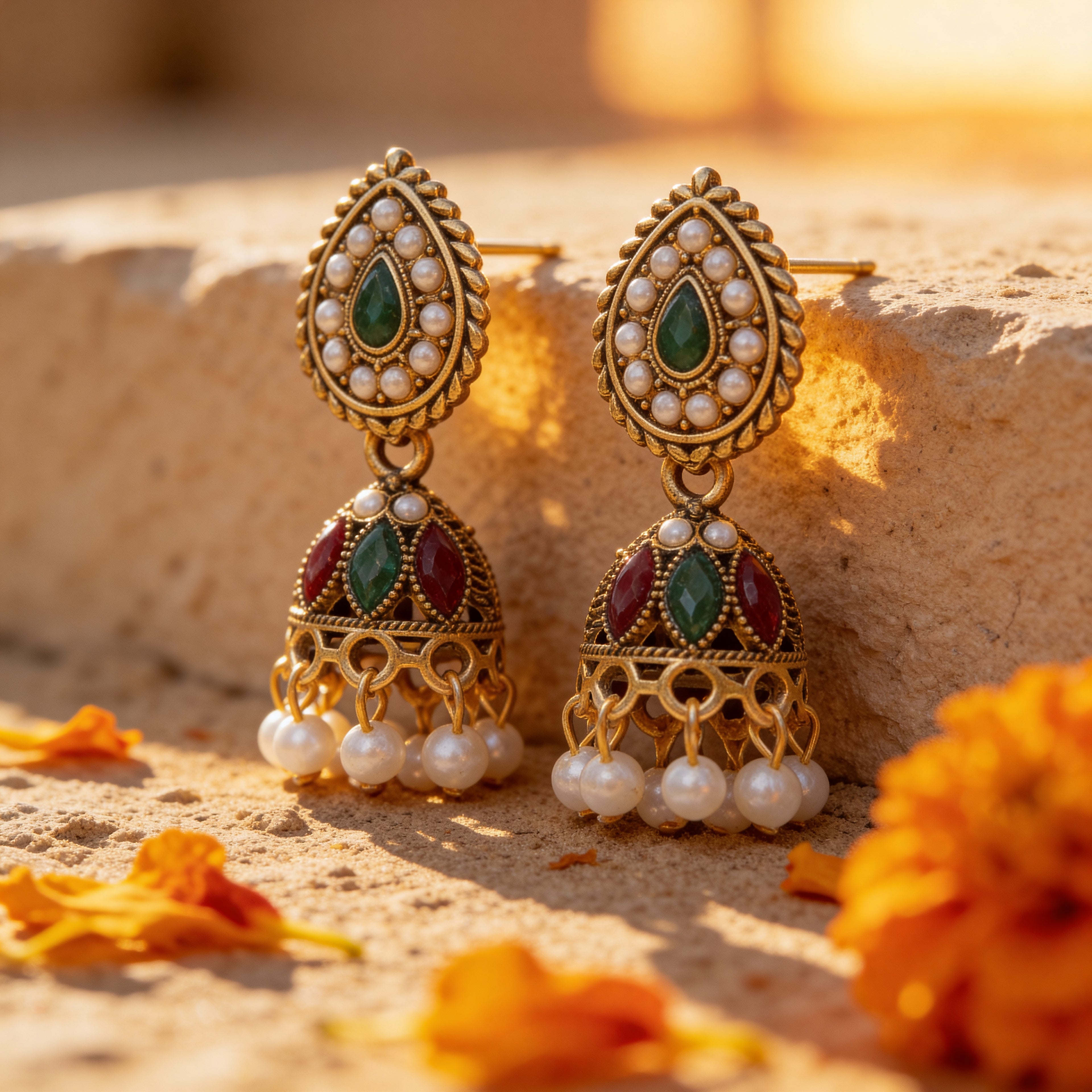 Antique Gold Temple Jhumka Earrings with Pearl Drops | Traditional Ethnic Jewelry